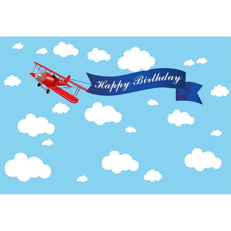 Baocicco 7x5ft Happy Birthday Red Plane Backdrop Cartoon Plan Blue Sky White Cloud Happy Birthday Photography Background Birthday Party Backdrop Boy Girl Photo Portraits Studio Video Props Booth - Image 1